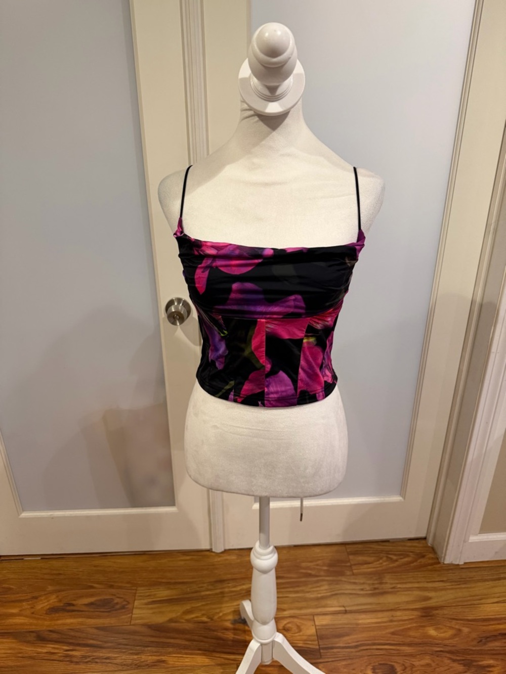 White Fox Boutique Black Spaghetti Strap Cami with Pink & Purple Floral Print